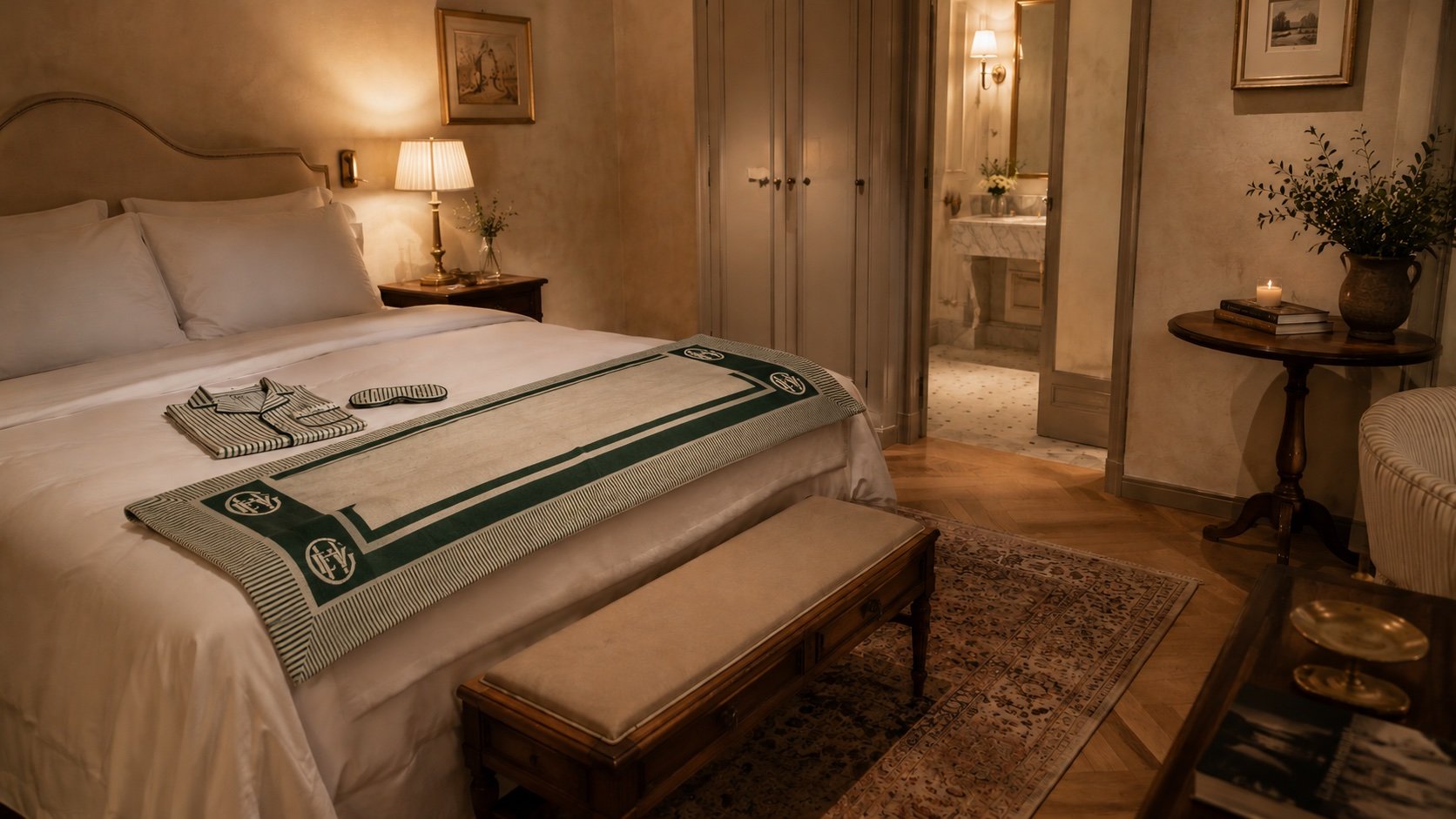 Hotel bedroom with MODA ticking-stripe pyjamas and monogrammed throw
