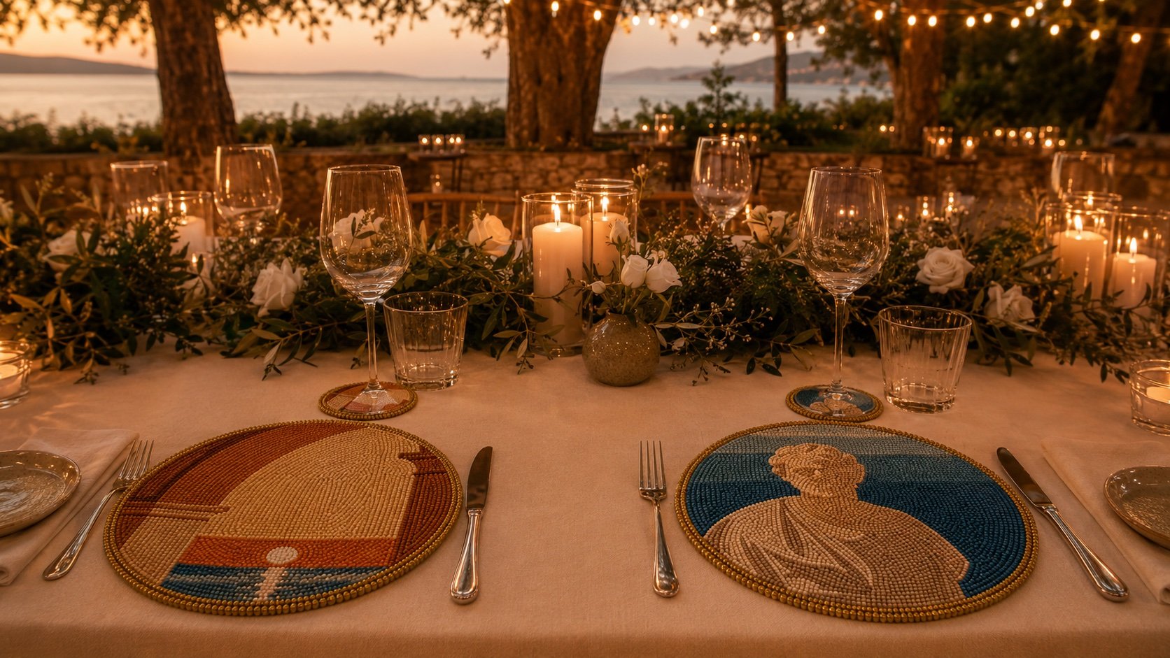 Outdoor table at dusk set with MODA beaded placemats