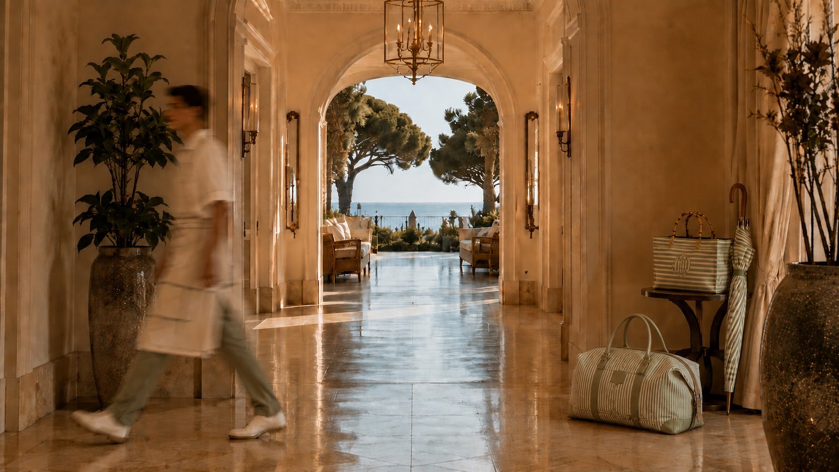 Hotel archway opening to the sea, MODA tote on side table