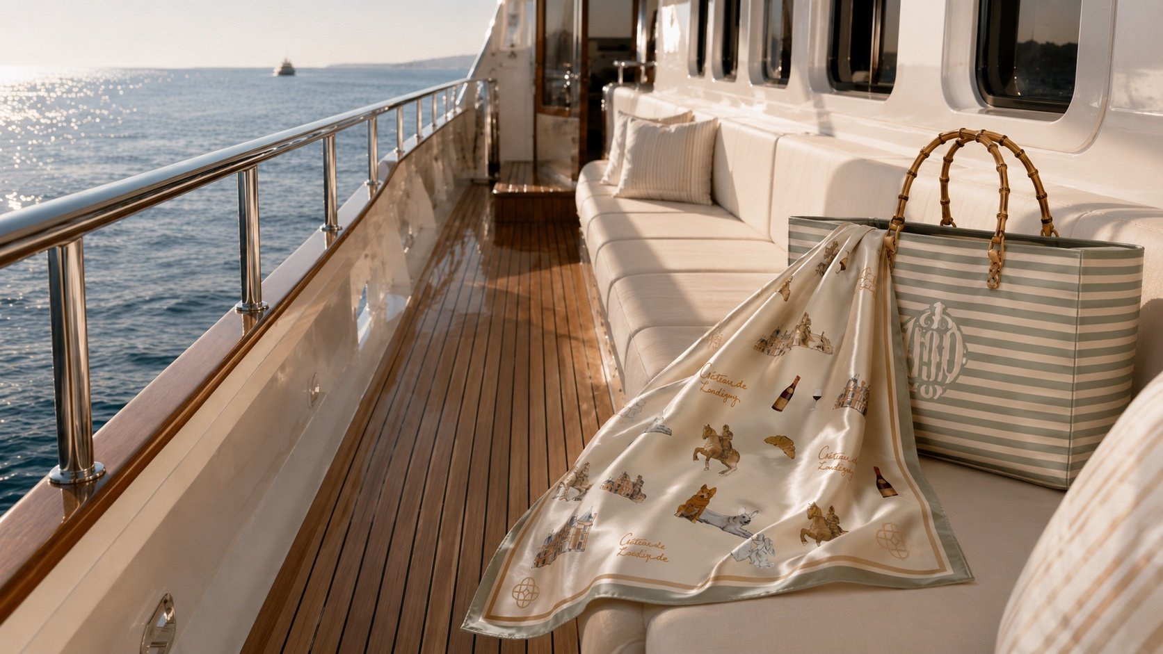 Yacht deck with MODA silk scarf and monogrammed tote
